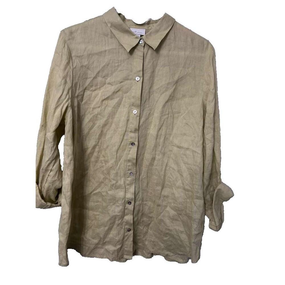 J.Jill 100% Linen Top Women's Large light Green Yellow Button Down Blouse